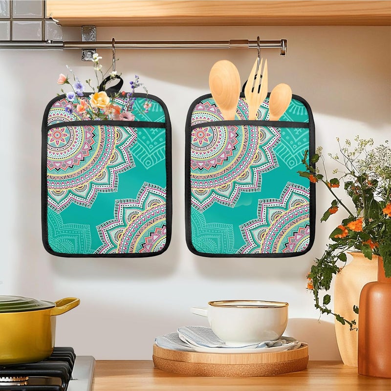 HUGANE Turquoise Abstract Mandala Floral Pot Holders for Kitchen, Boho Colorful Ethnic Flower Botanical Heat Resistant Hot Pads and Oven Mitts for Baking Cooking，379 potholder - Image 2